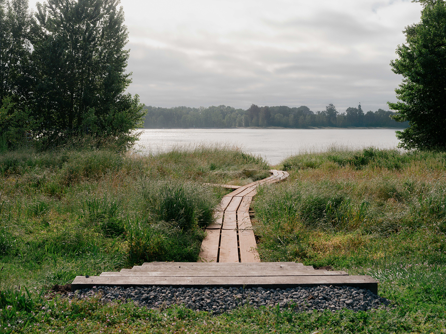 wooden boardwalk leading through a meadow to a riverfront