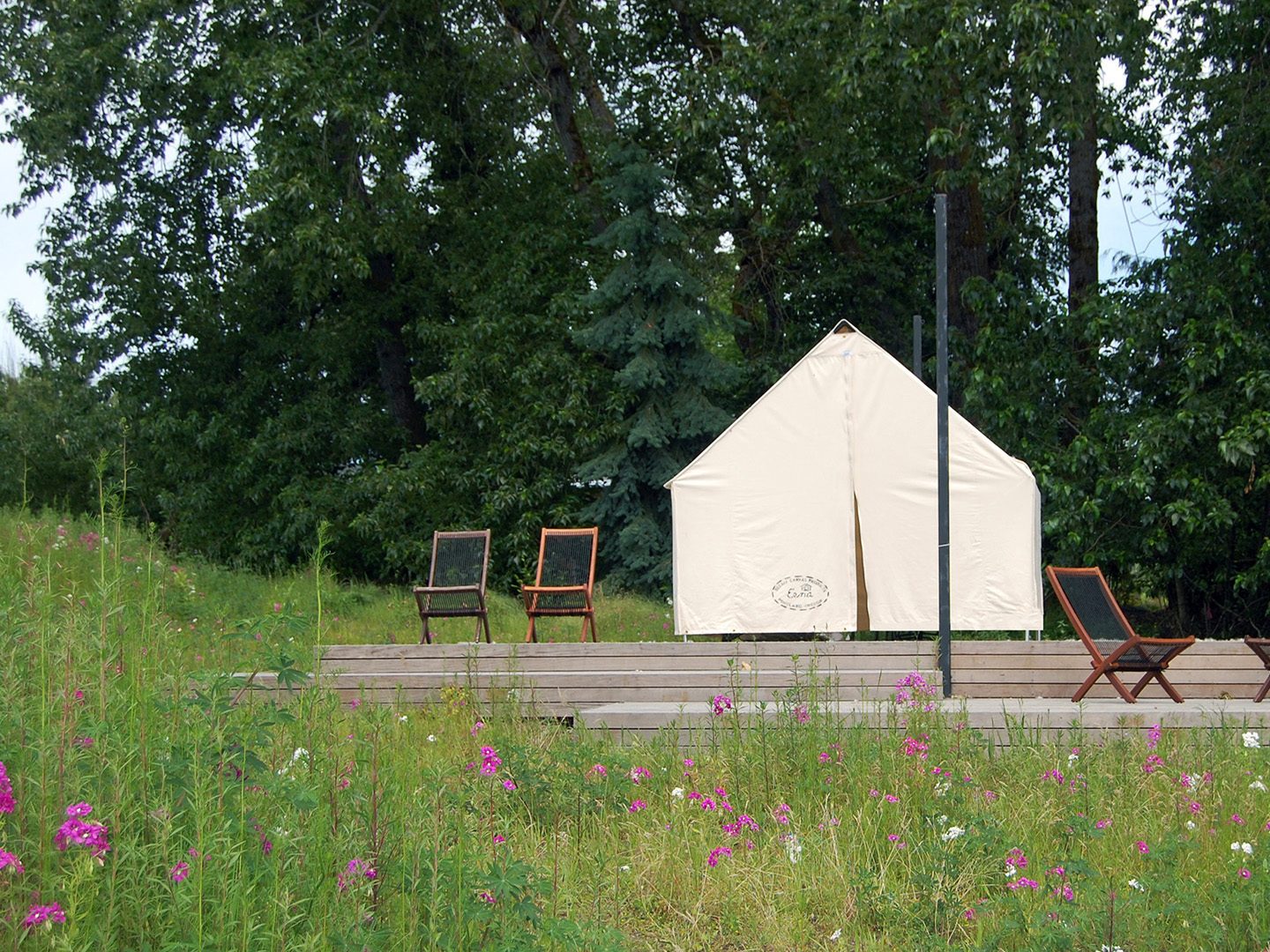 canvas tent on a deck in a field of wildflowers