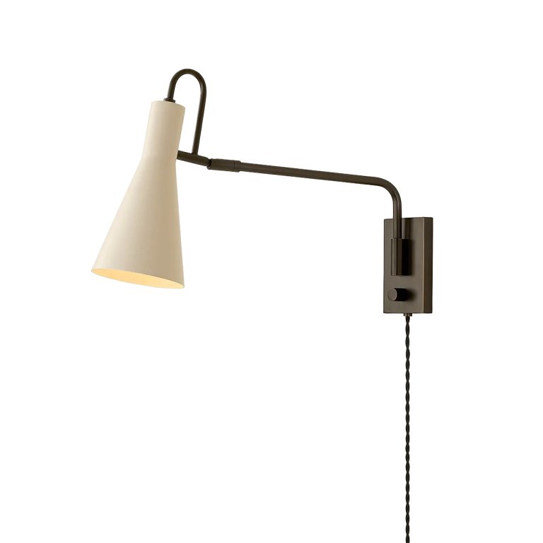 wall sconce with reaching arm and tapered shade