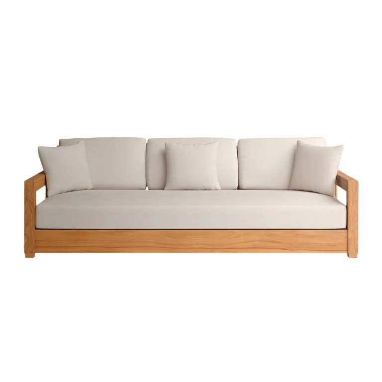 wood outdoor sofa with cream upholstery