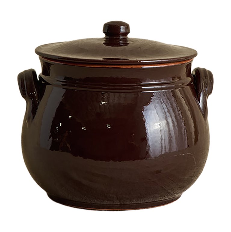 dark brown ceramic cooking pot with lid