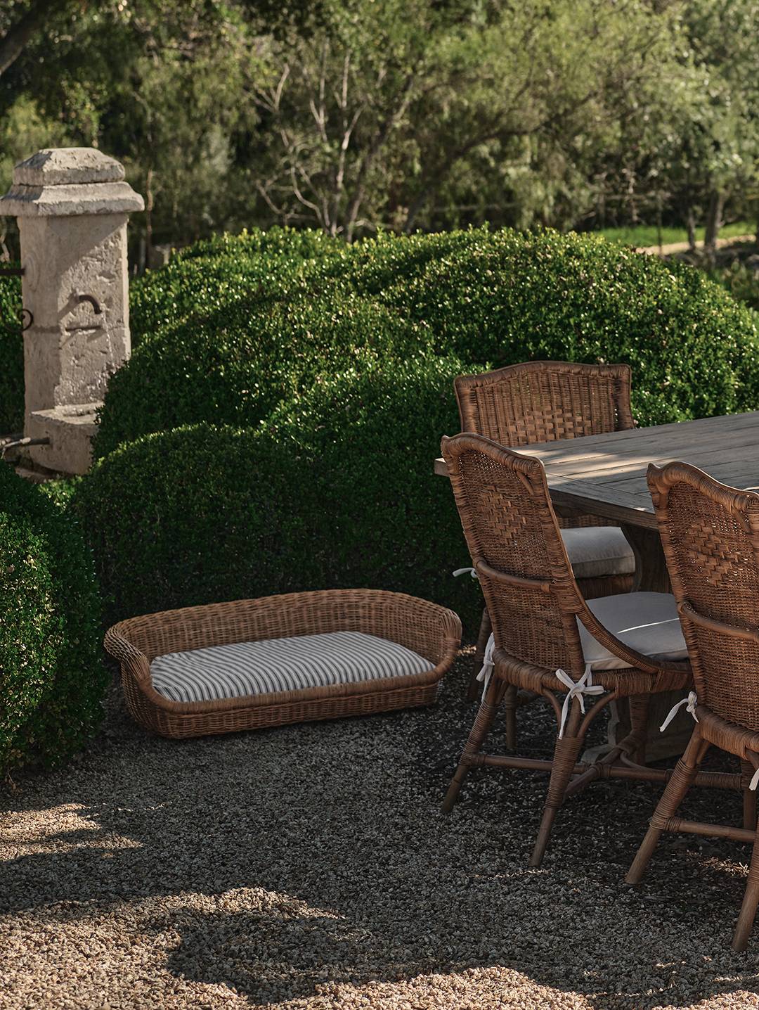 rattan chairs and a rattan dog bed outside