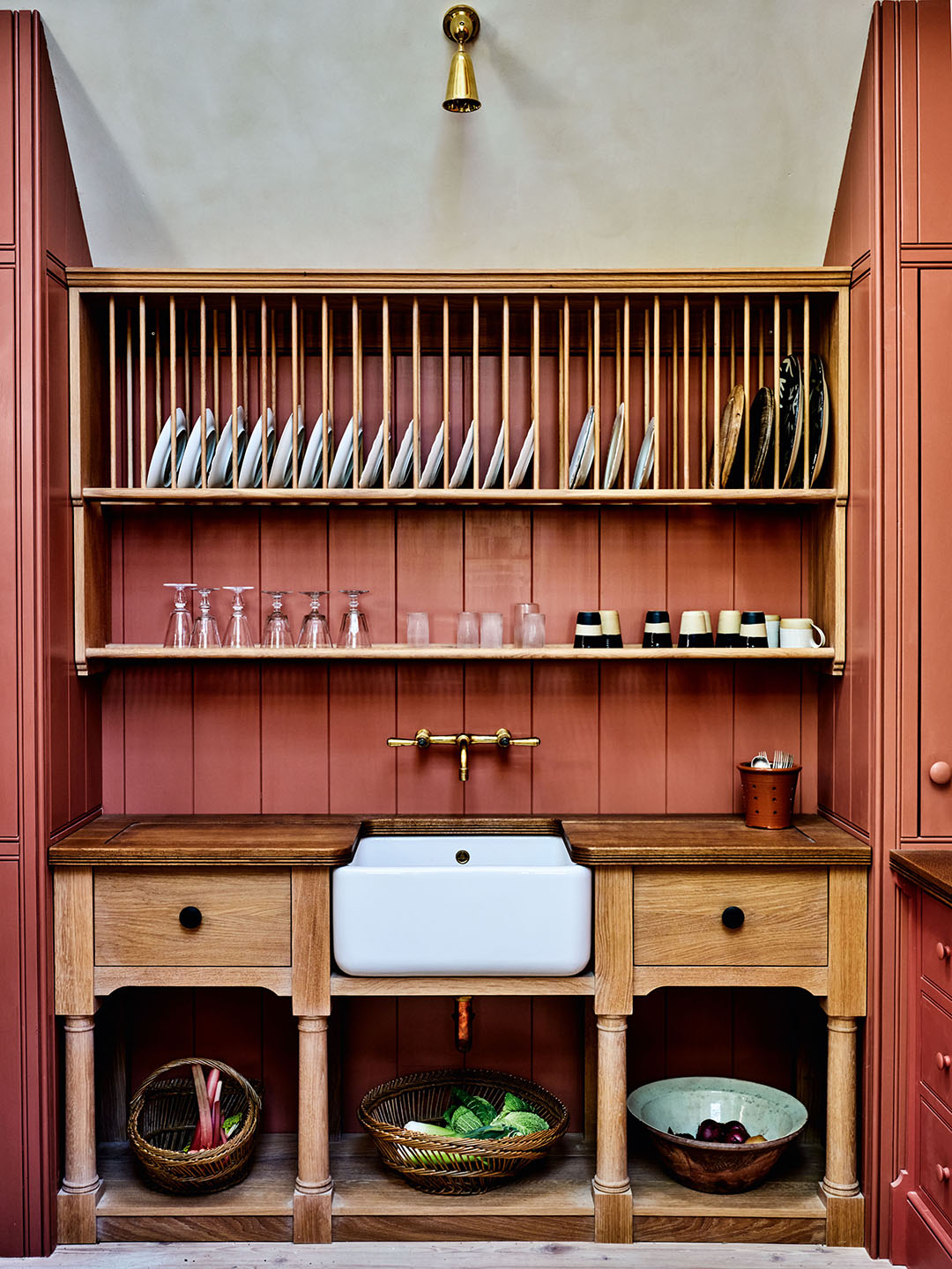 kitchen sink area with open shelving