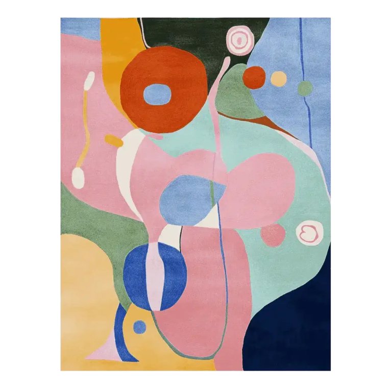 Rug with multicolor curved forms in pink, blue, dark gree, and red.