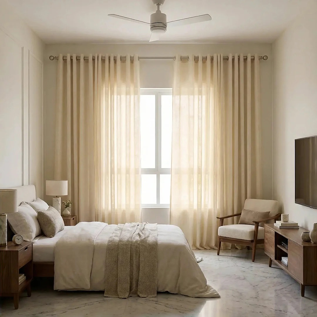 Cream-colored bedroom with long sheer curtains drawn over floor-to-ceiling window.