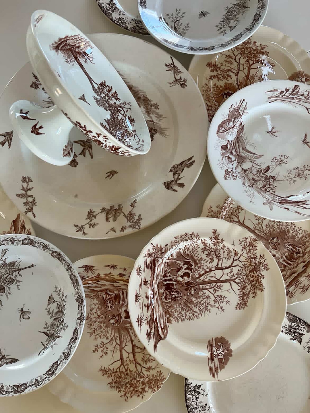 porcelain plates with brown scenic designs