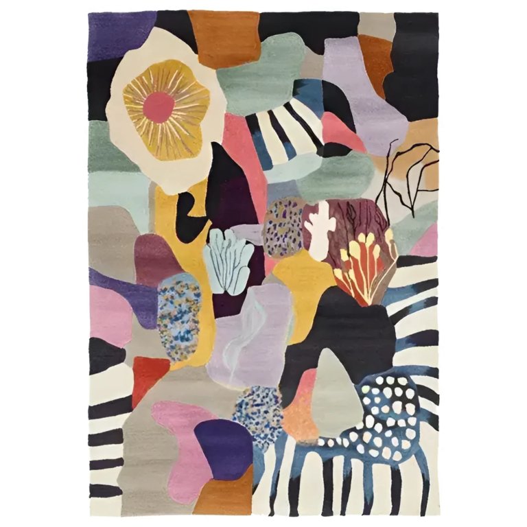 Rug with abstract multicolor floral pattern.