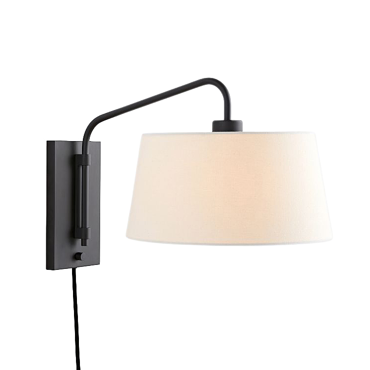 black sconce with extended arm and drum shade