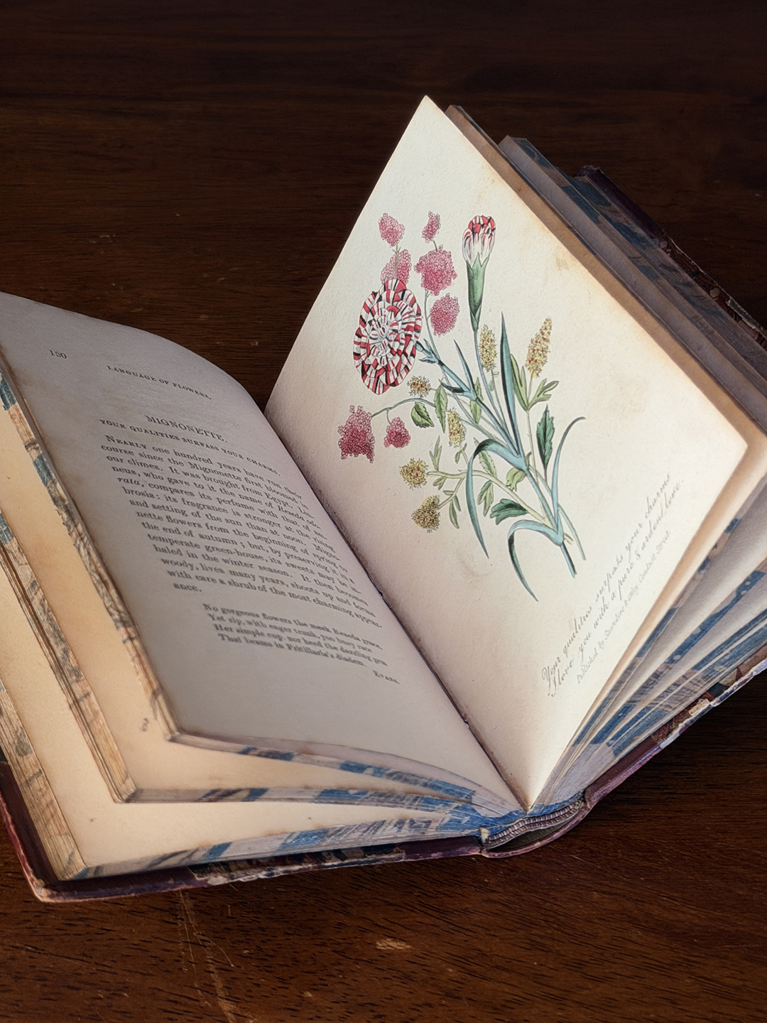 open book showing colorful floral print