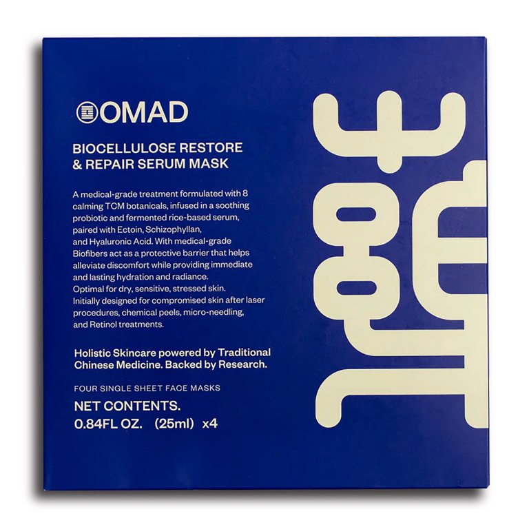 blue and white packaging for OMAD face sheets