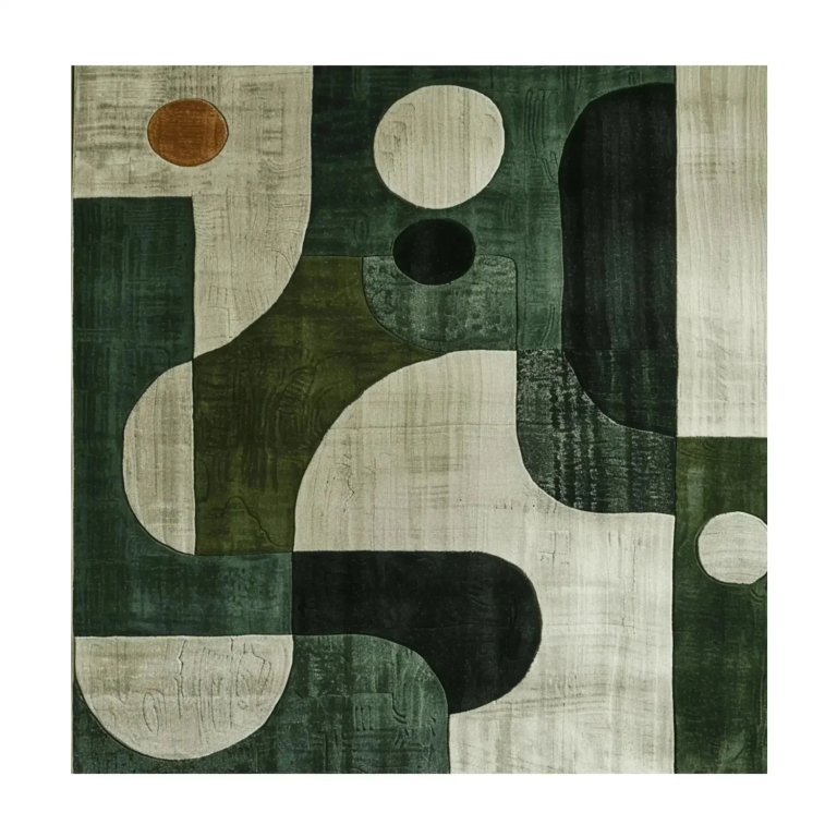 Rug in various shades of green with curved forms in mid-century modern style.