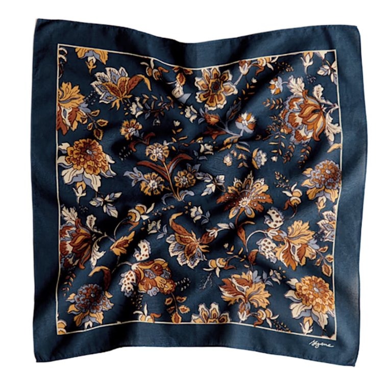 organic cotton scarf with dark blue border and floral pattern