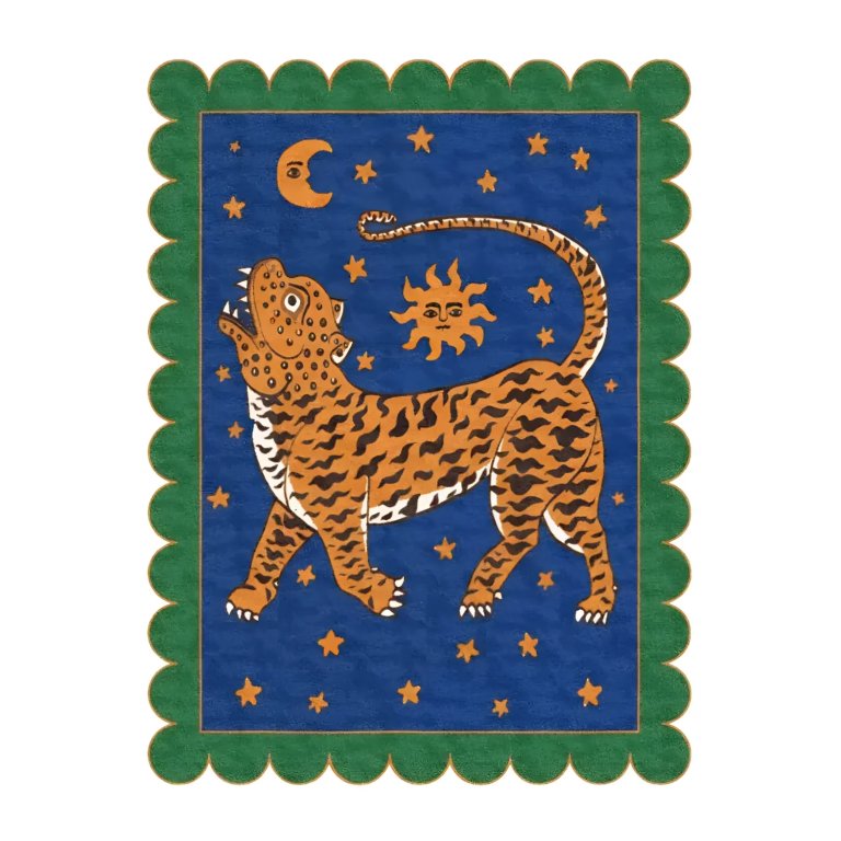 Deep blue rug with tiger against starry night sky and a green scalloped edge.