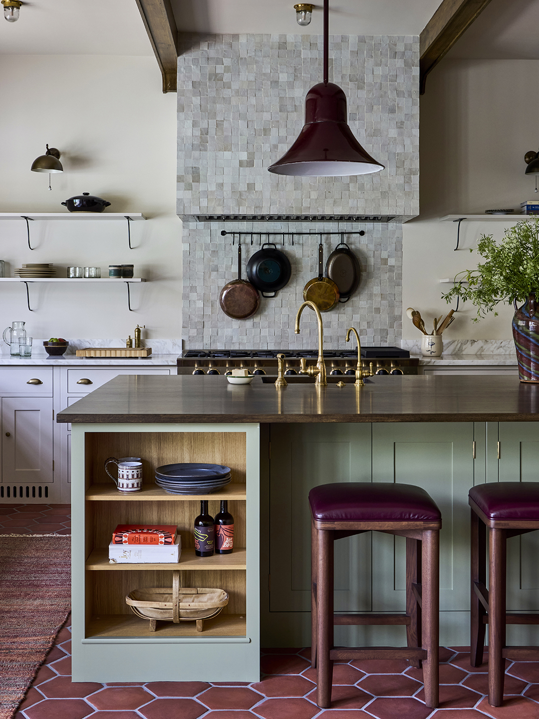 kitchen with soft green island