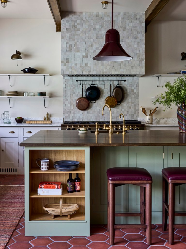 kitchen with soft green island