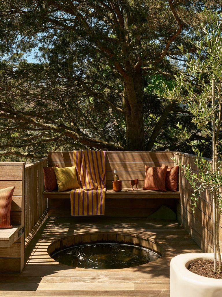 deck with bench and plunge pool