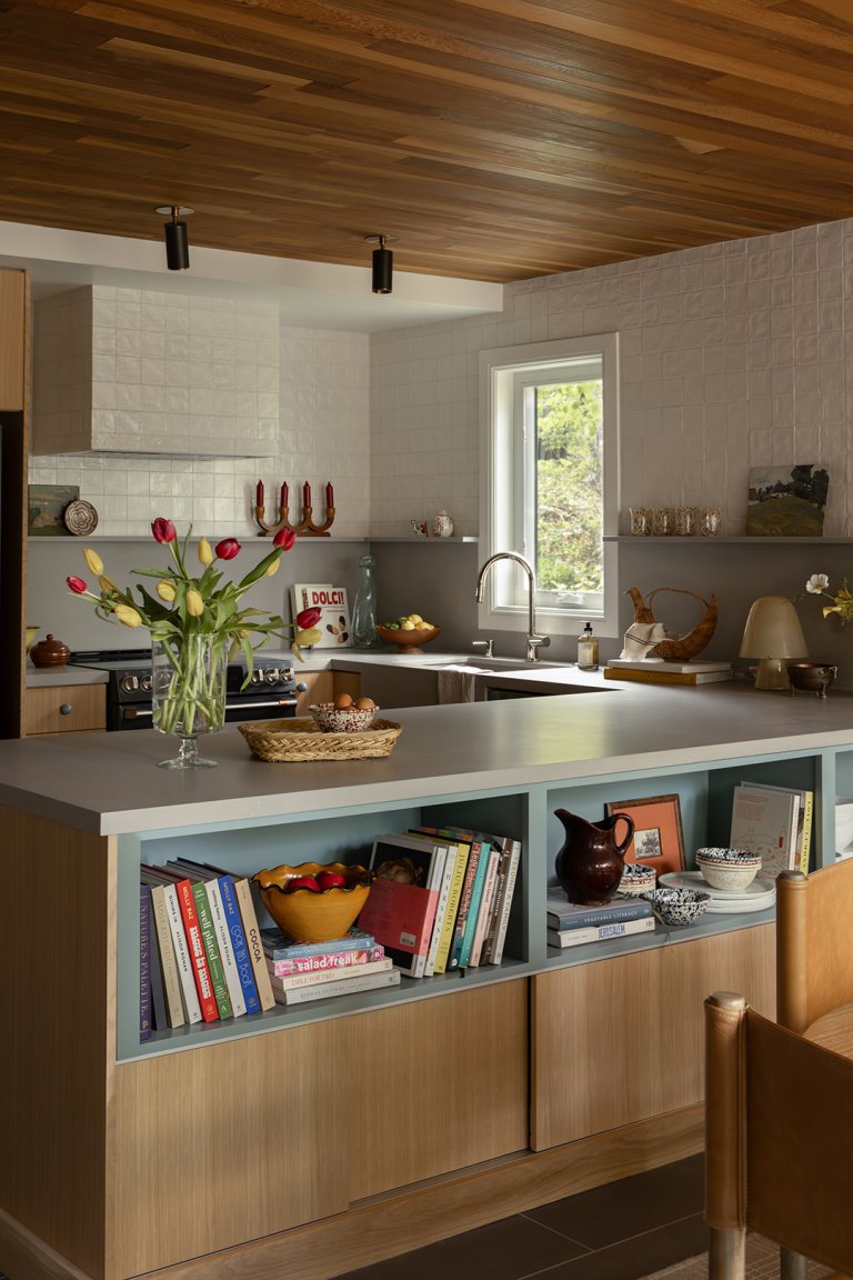 modern u-shaped kitchen with open shelving