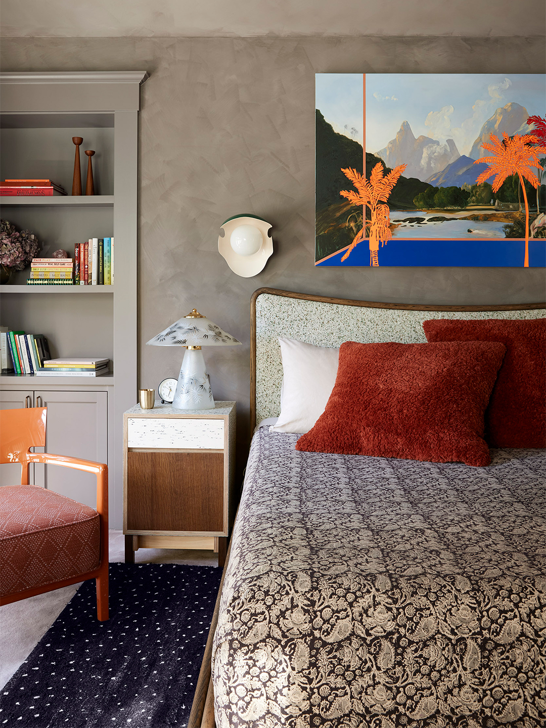 bedroom with patterned coverlet
