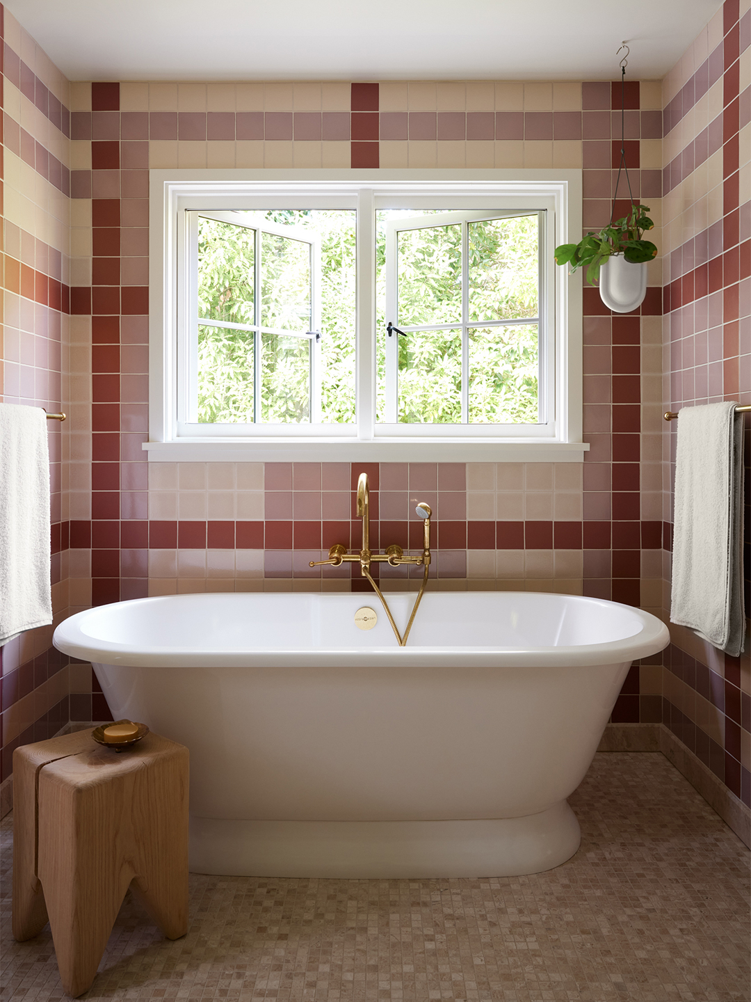 bathroom with plaid tile pattern