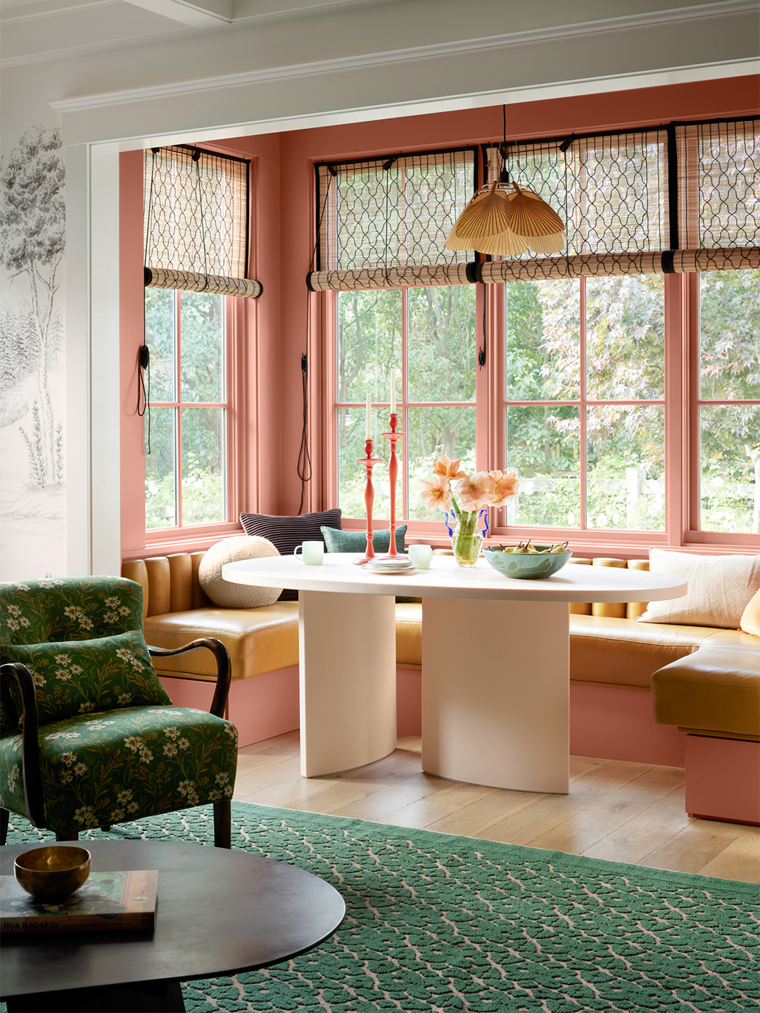 breakfast nook with pink walls