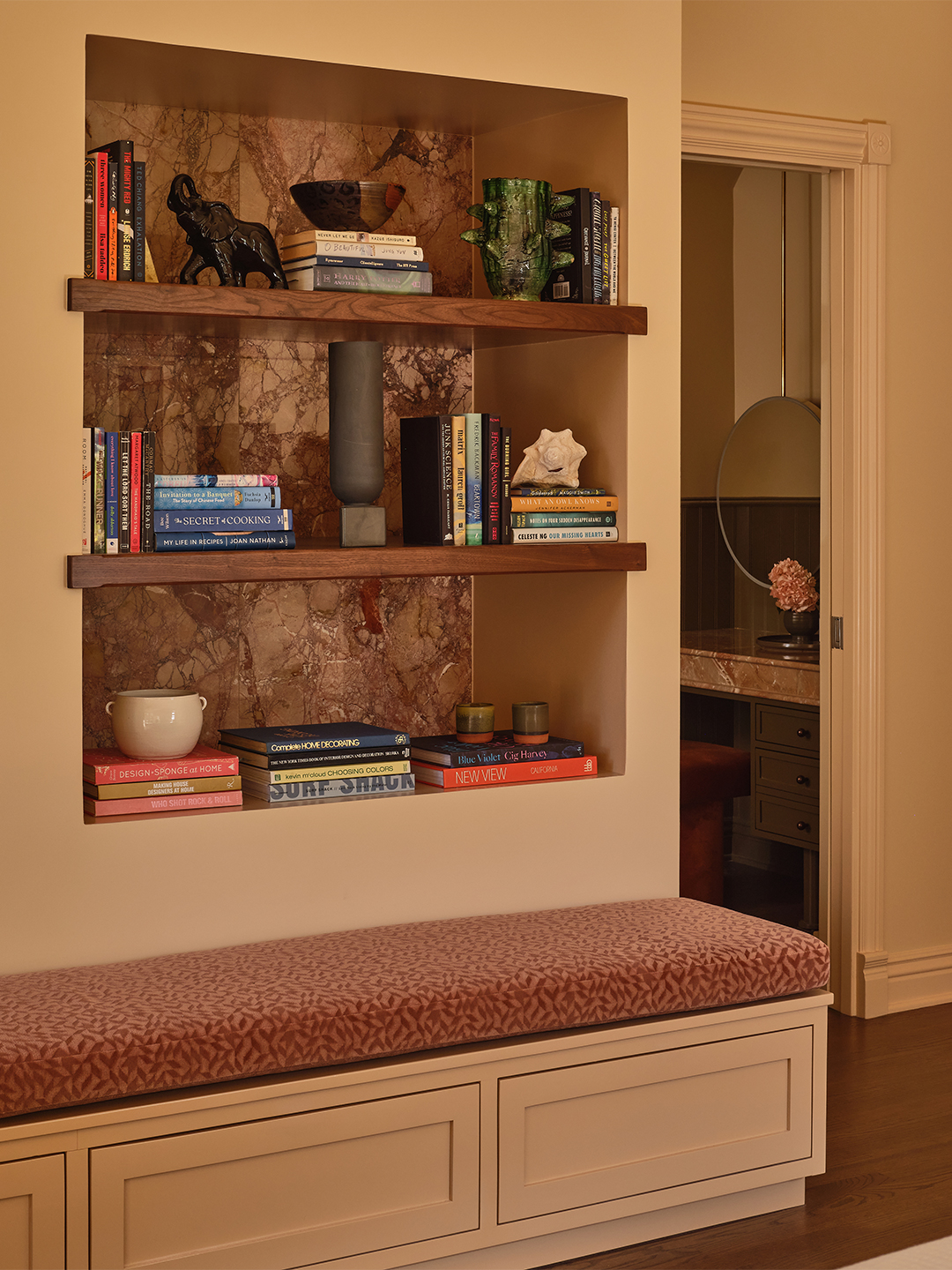 bench seat and bookshelves