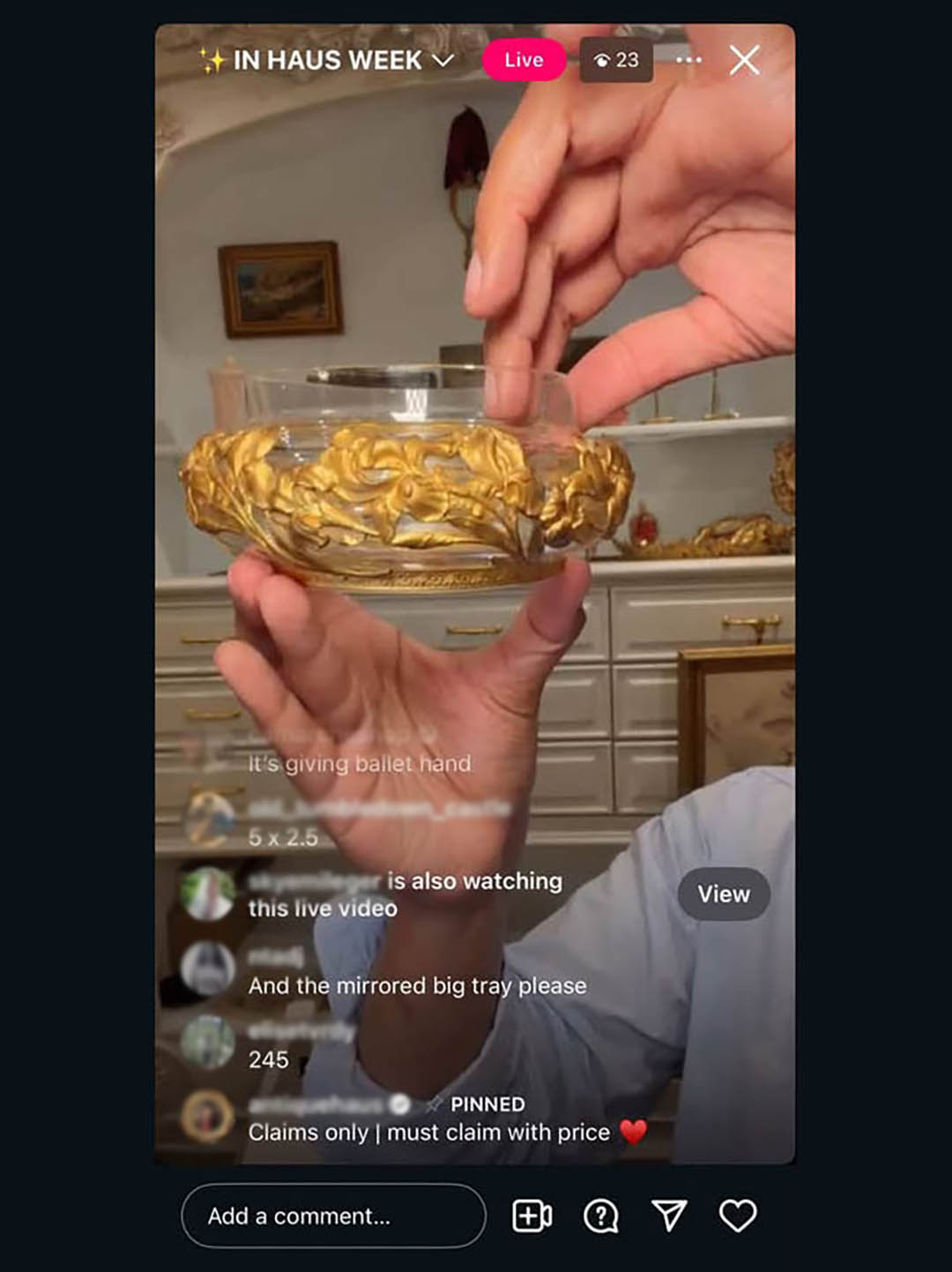 person holding up a gold vase on instagram
