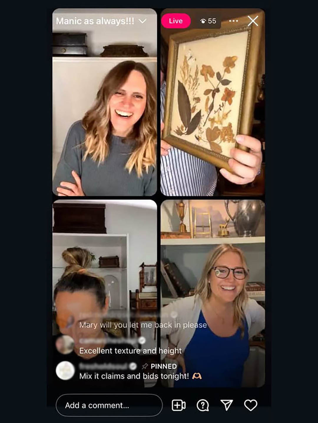 four sellers taking part in an instagram live sale