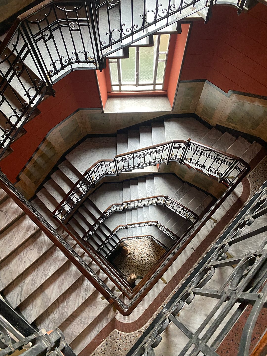 view down into a multi-level staircase