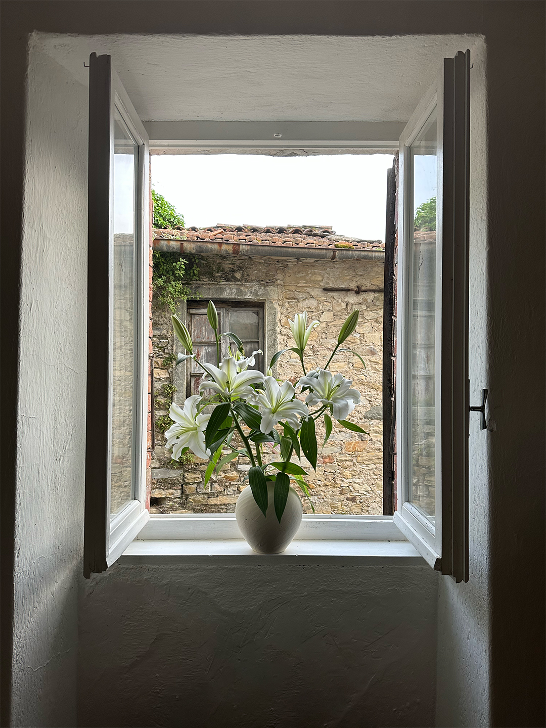 view out a window onto a stone building, with lilies on the windowsill