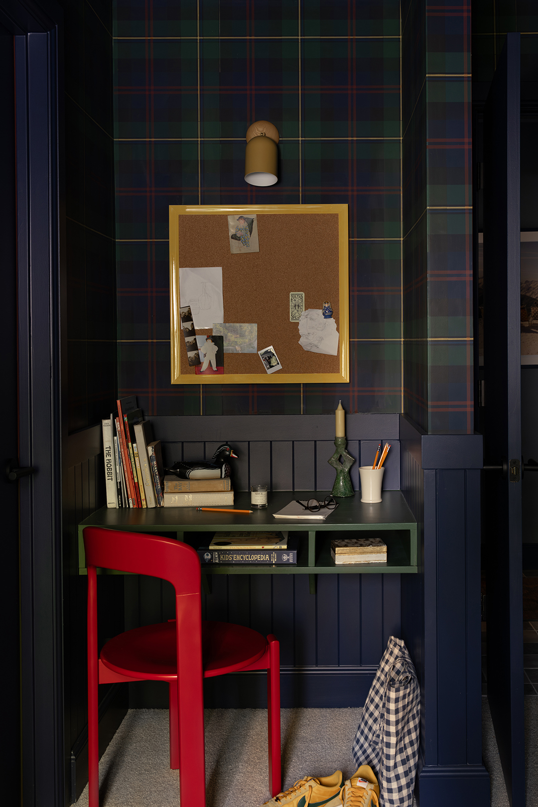 desk in blue plaid bedroom