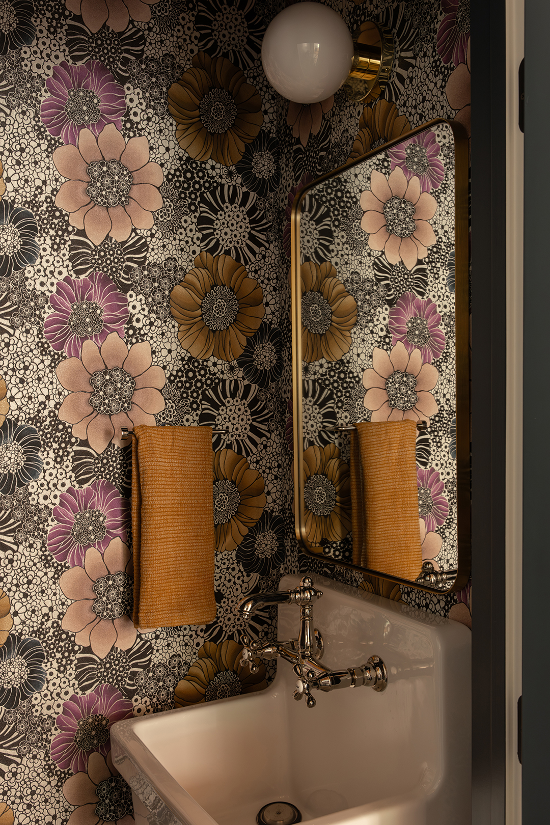 powder room with purple floral wallpaper