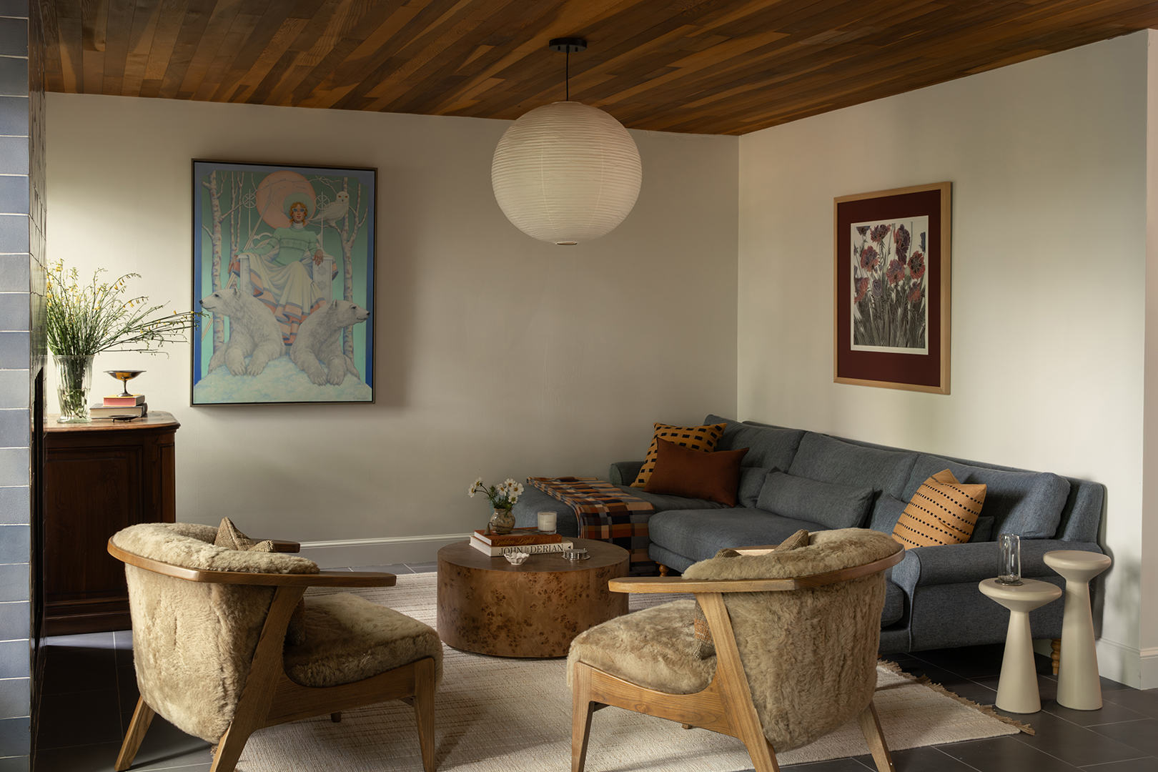 living room with wood-paneled ceiling