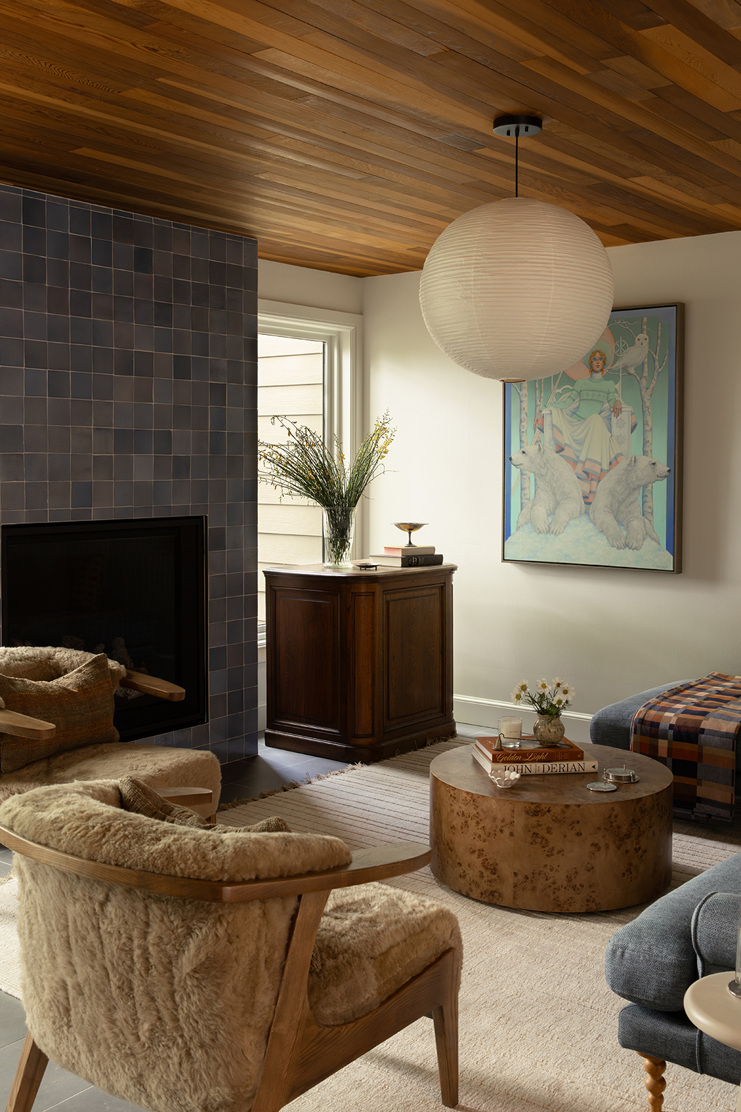 slate blue tiled fireplace in living room