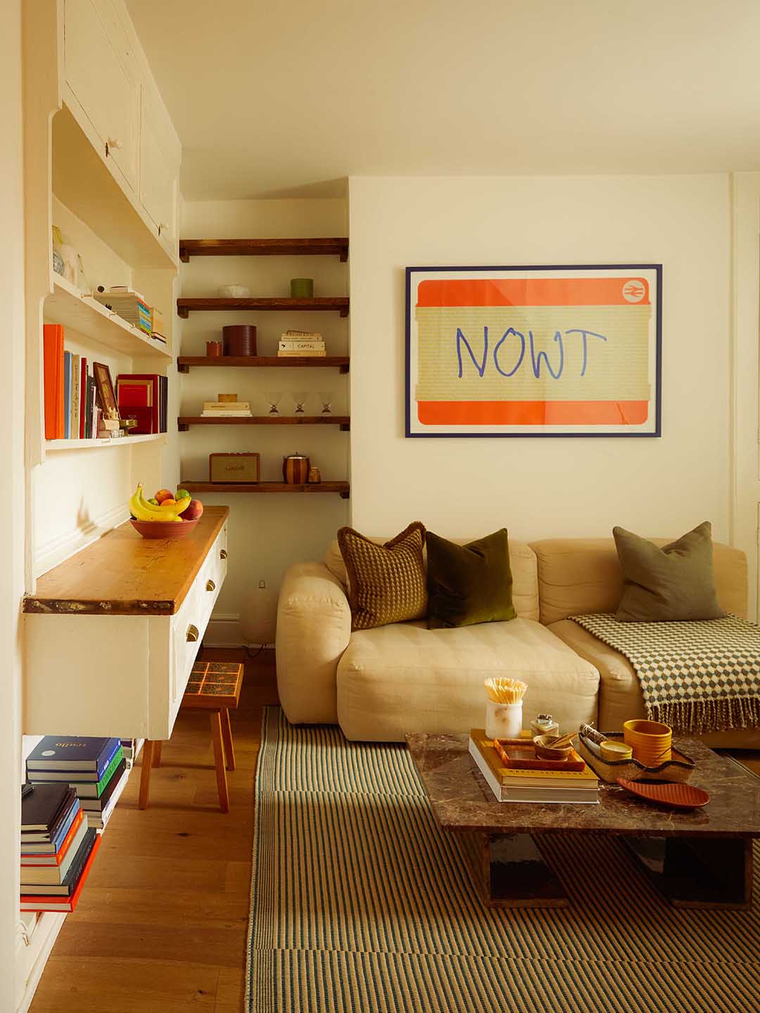 living room with built-in open shelves