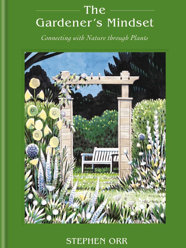 book cover featuring a garden drawing with a bench