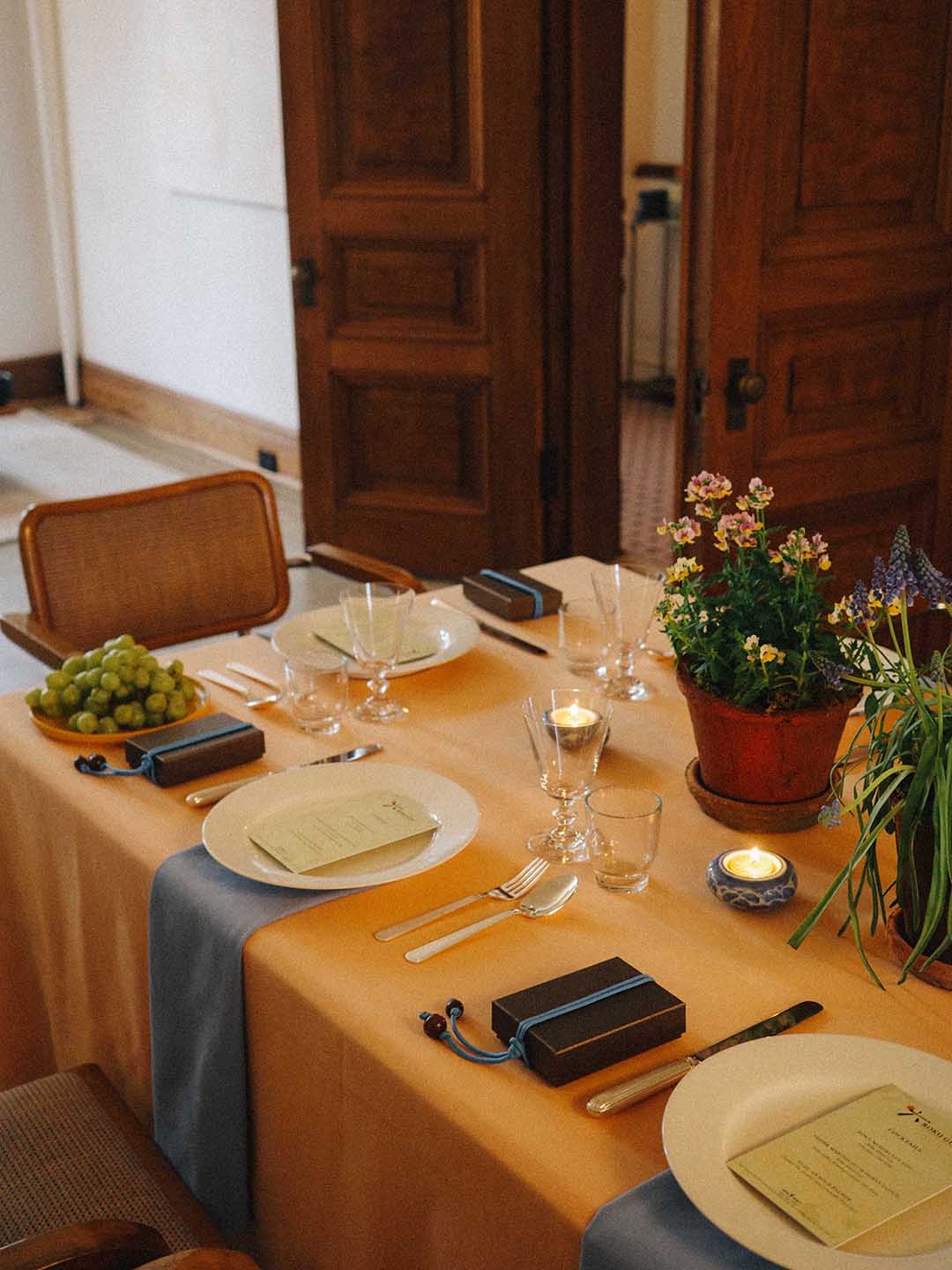 spring table with potted flowers