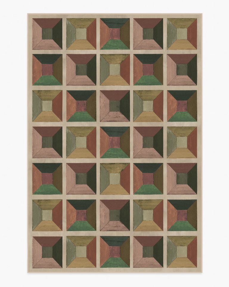 Square pattern rug in browns, deep reds, deep greens and light greens.