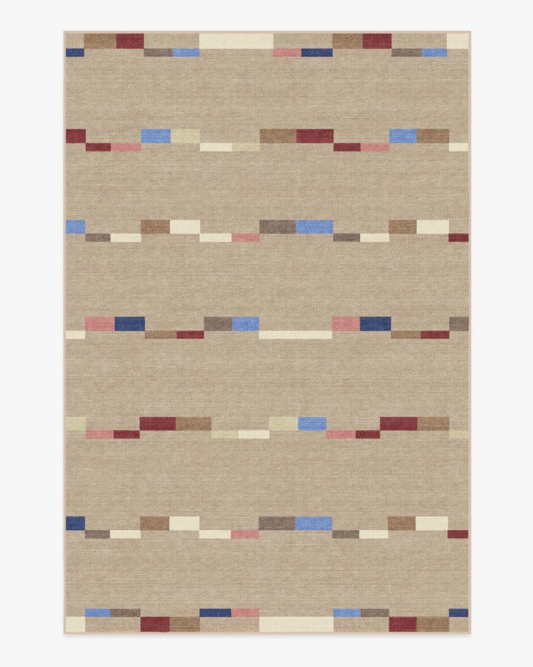 Beige rug with multi-colored stripes.