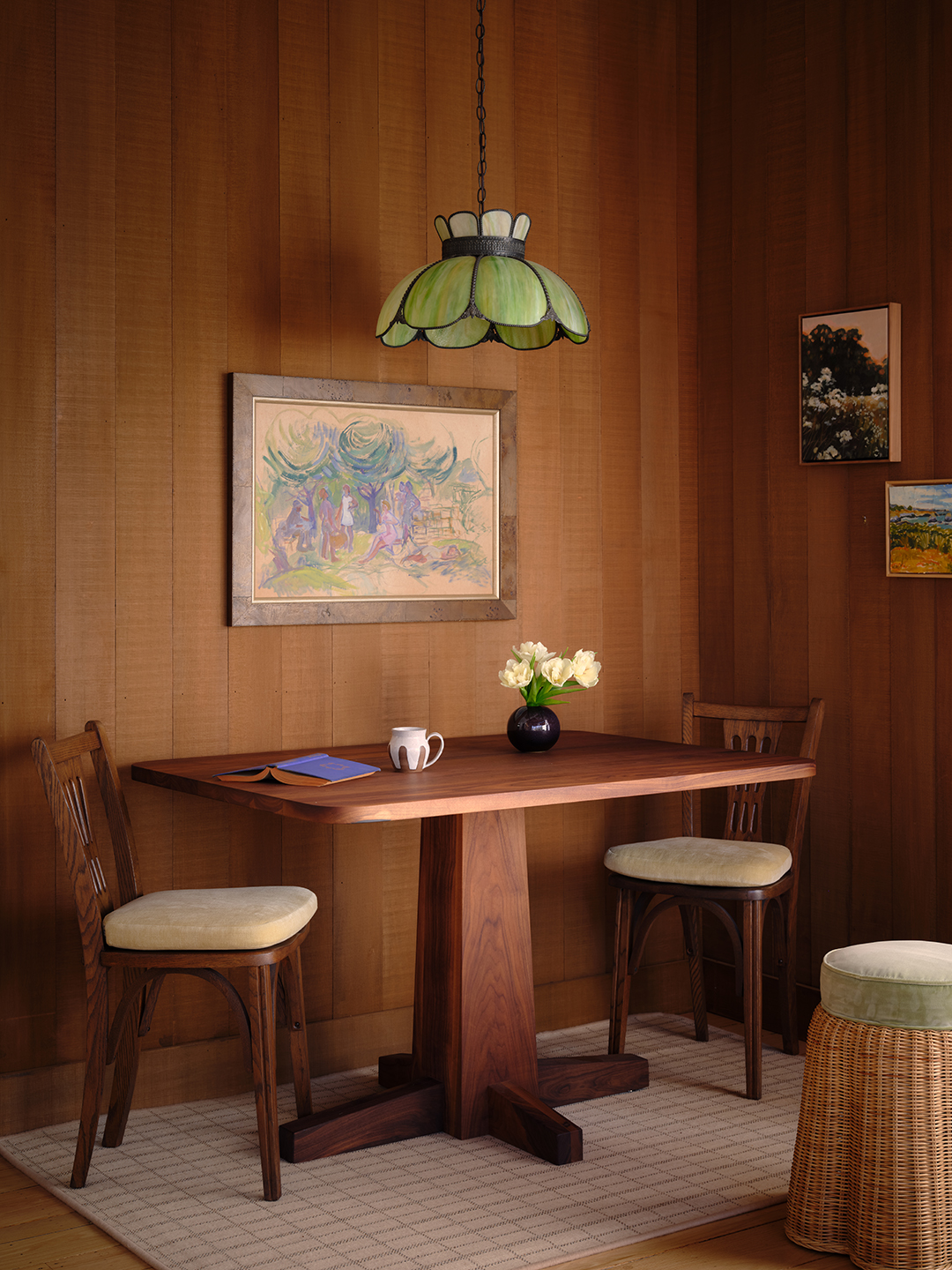wood clad walls and dining nook