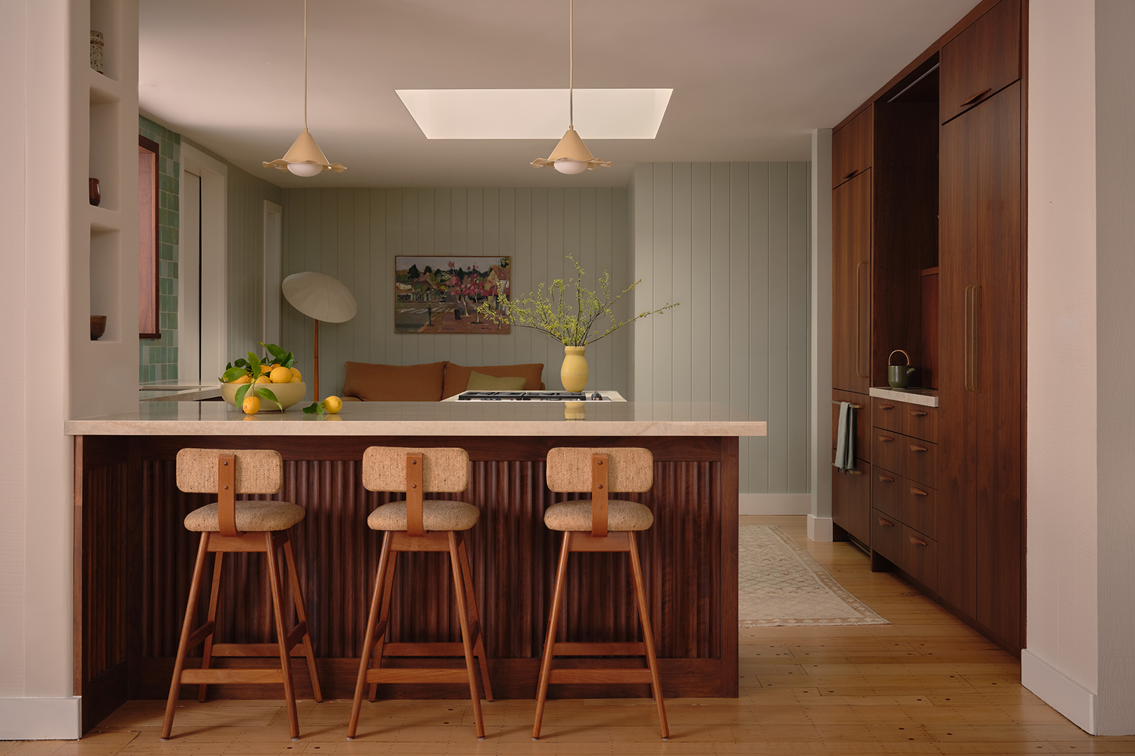 kitchen with bar stools and bar