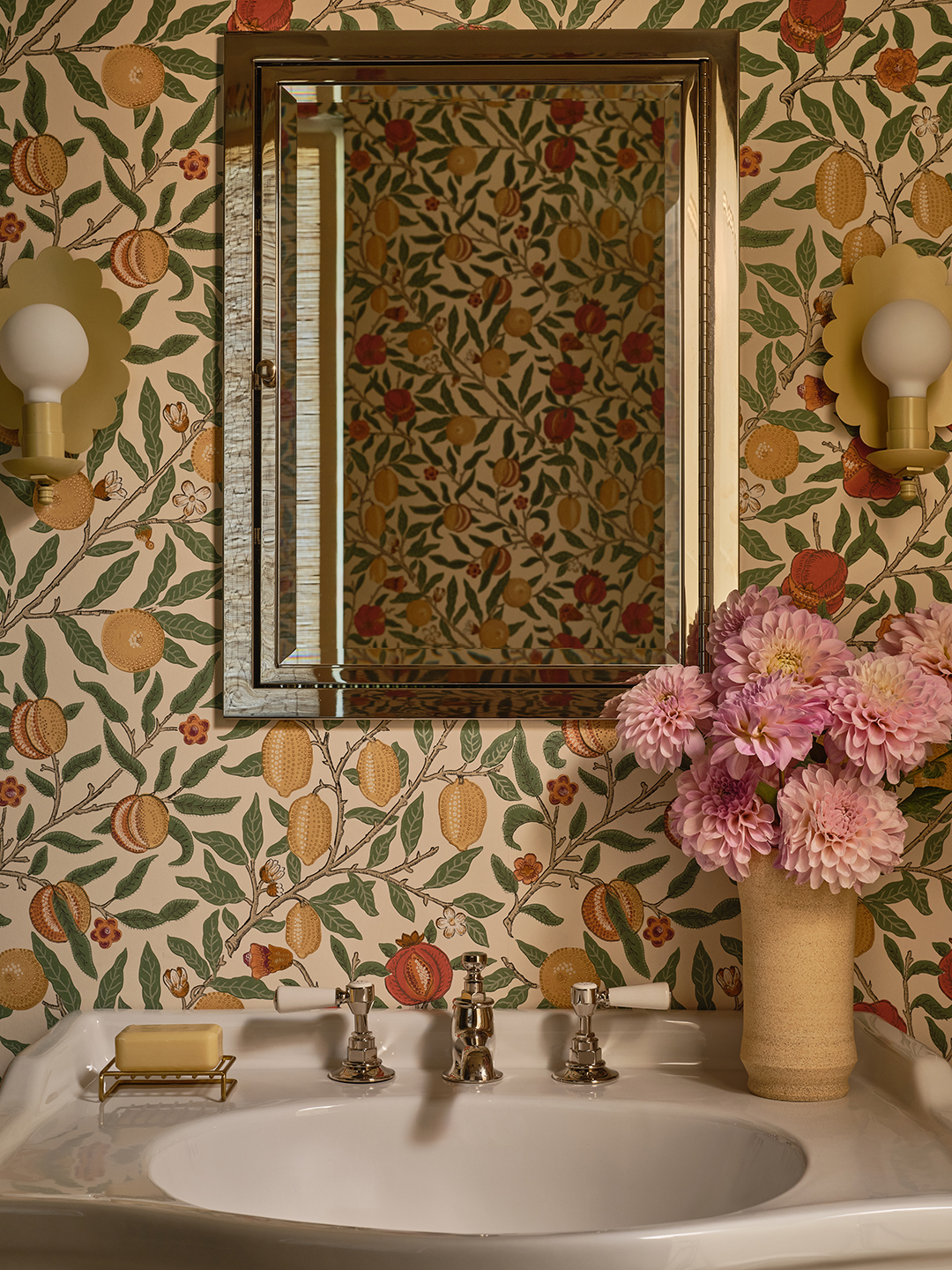 powder room with lemon wallpaper