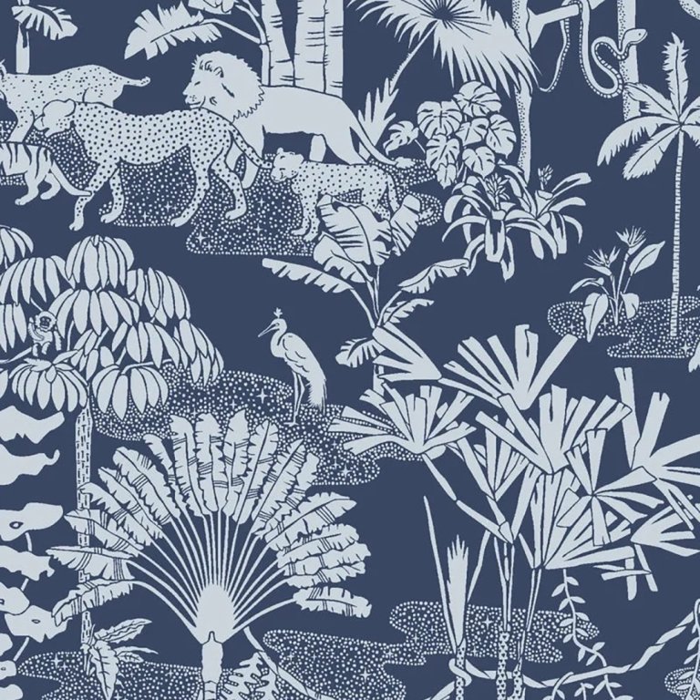 blue and white jungle themed wallpaper