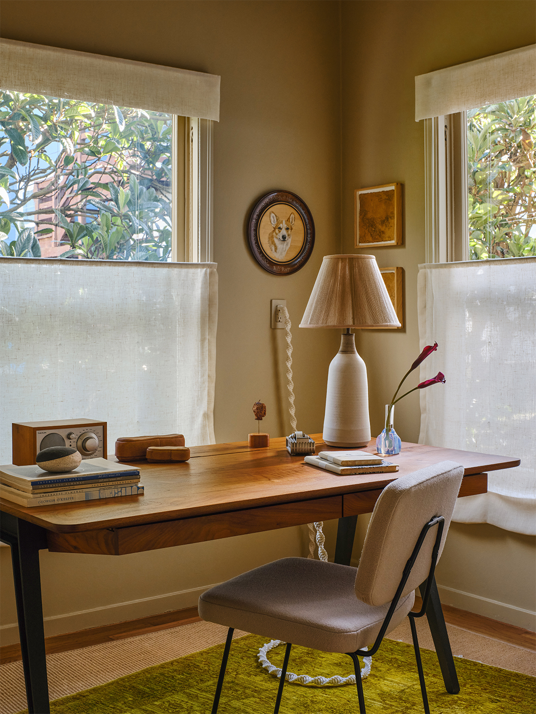 wood desk with table lamp
