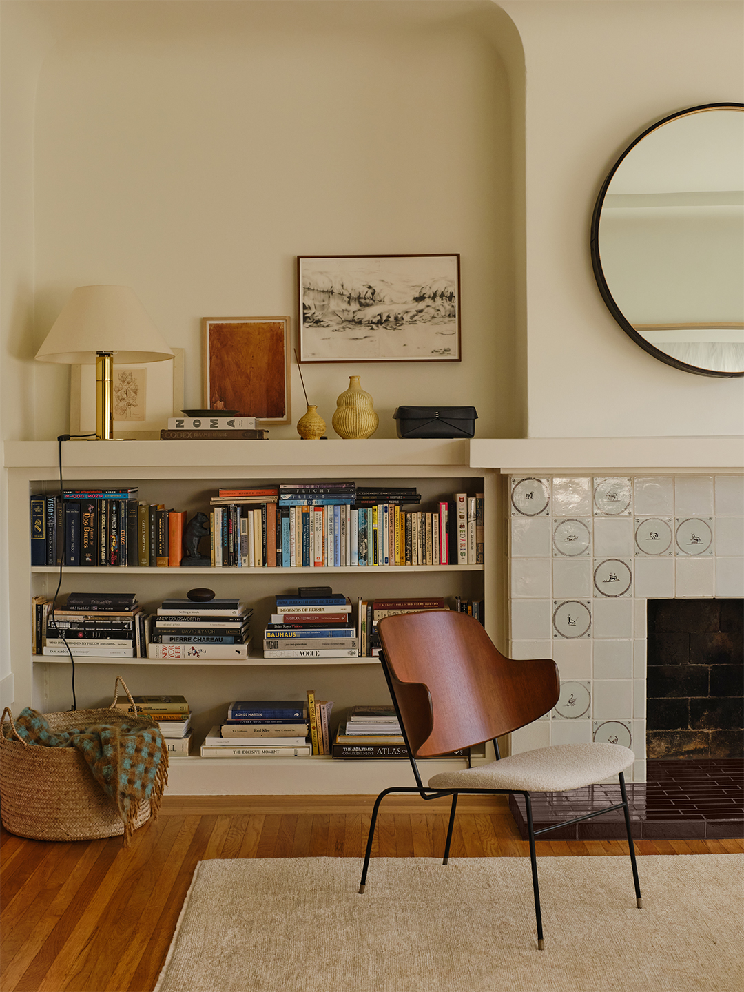 built-in bookshelves next to fireplace