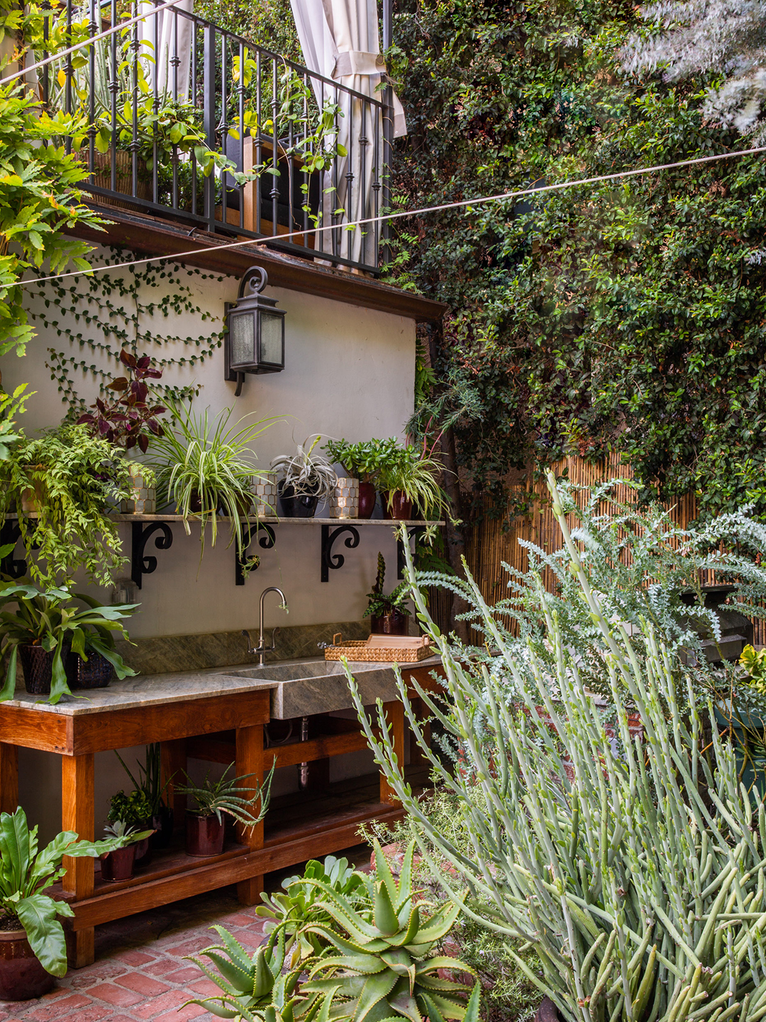 outdoor kitchen area with sink and lots of plants
