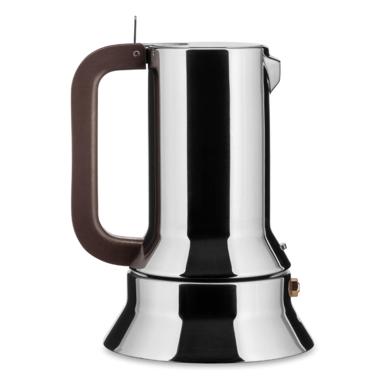 chrome coffee maker with brown handle
