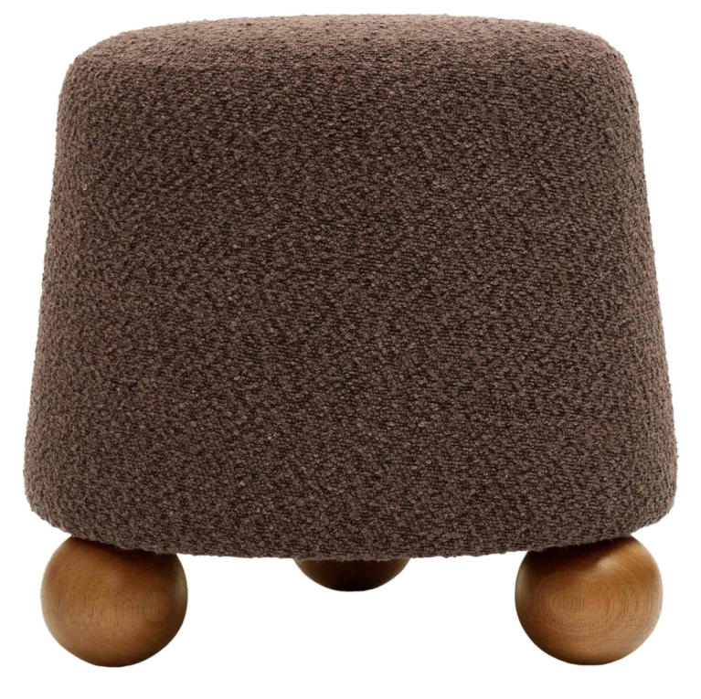 brown boucle ottoman with round feet