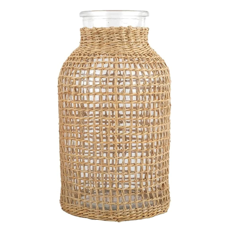 tall glass vase with rattan cover