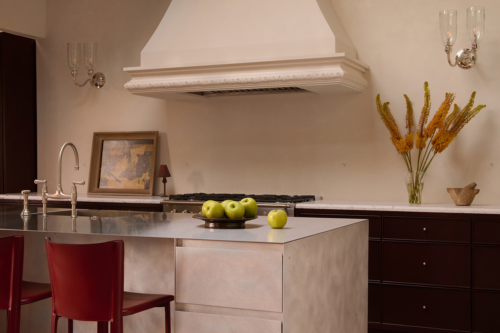 traditional kitchen with modern stainless-steel island