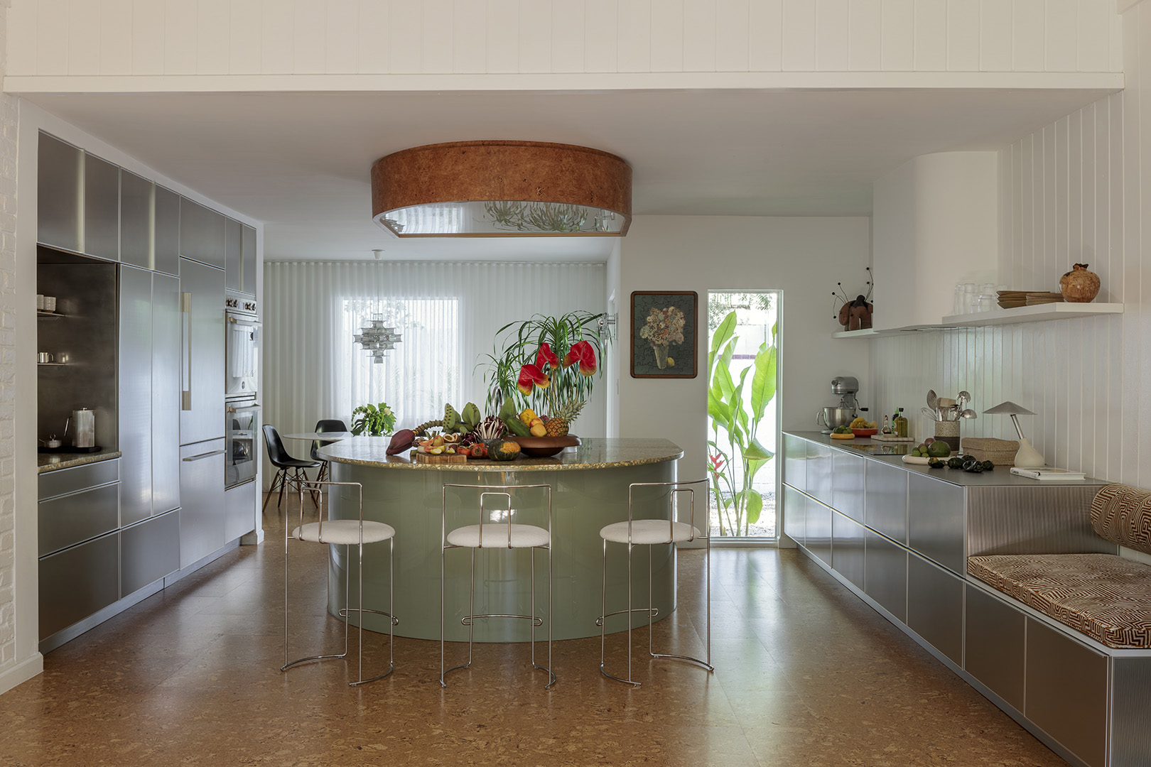 stainless steel kitchen with cork floors